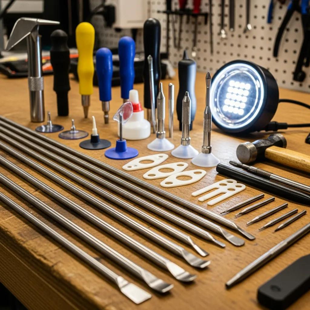 Close-up of Paintless Dent Repair tools including rods and glue pullers, emphasizing the techniques used in PDR
