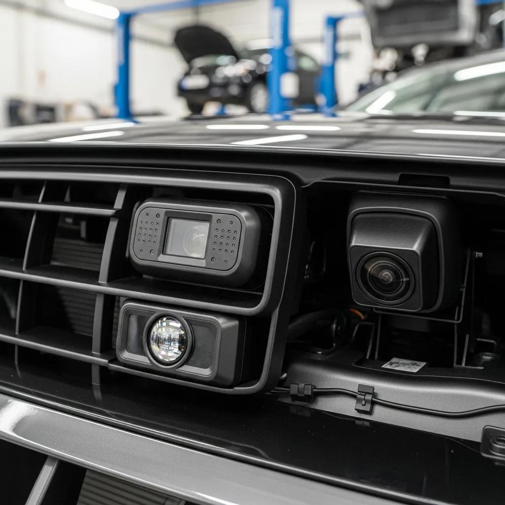 Close-up of vehicle radar and camera sensors used for adaptive cruise control