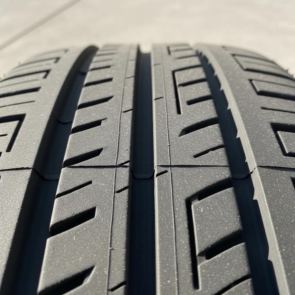 Close-up of tire tread showing wear indicators and grooves, illustrating the importance of tread depth for safe traction and tire replacement.