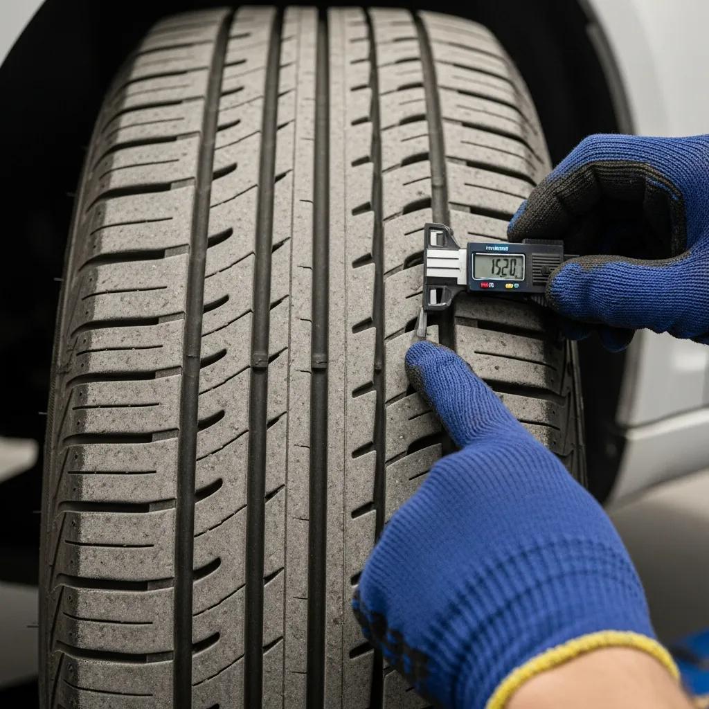 Close-up showing uneven tire tread &mdash; a common sign of suspension or alignment damage