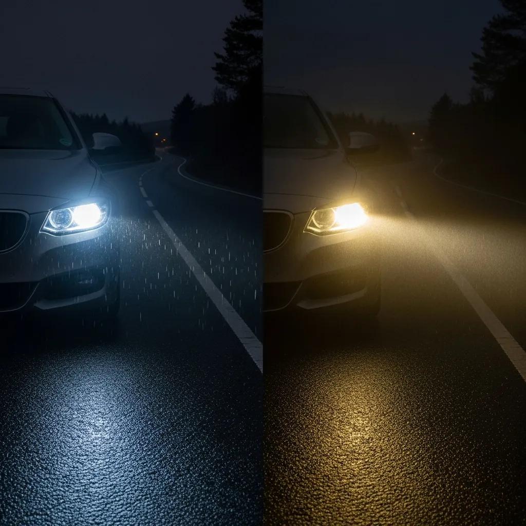 Comparison of clear and foggy headlights illuminating a wet road, highlighting the importance of headlight clarity for safety and visibility.
