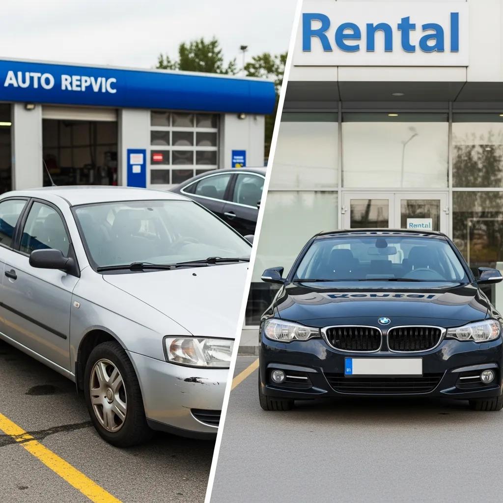 Comparison of a loaner car outside an auto repair shop and a rental car in front of a rental agency, illustrating differences in ownership and availability for auto repairs.