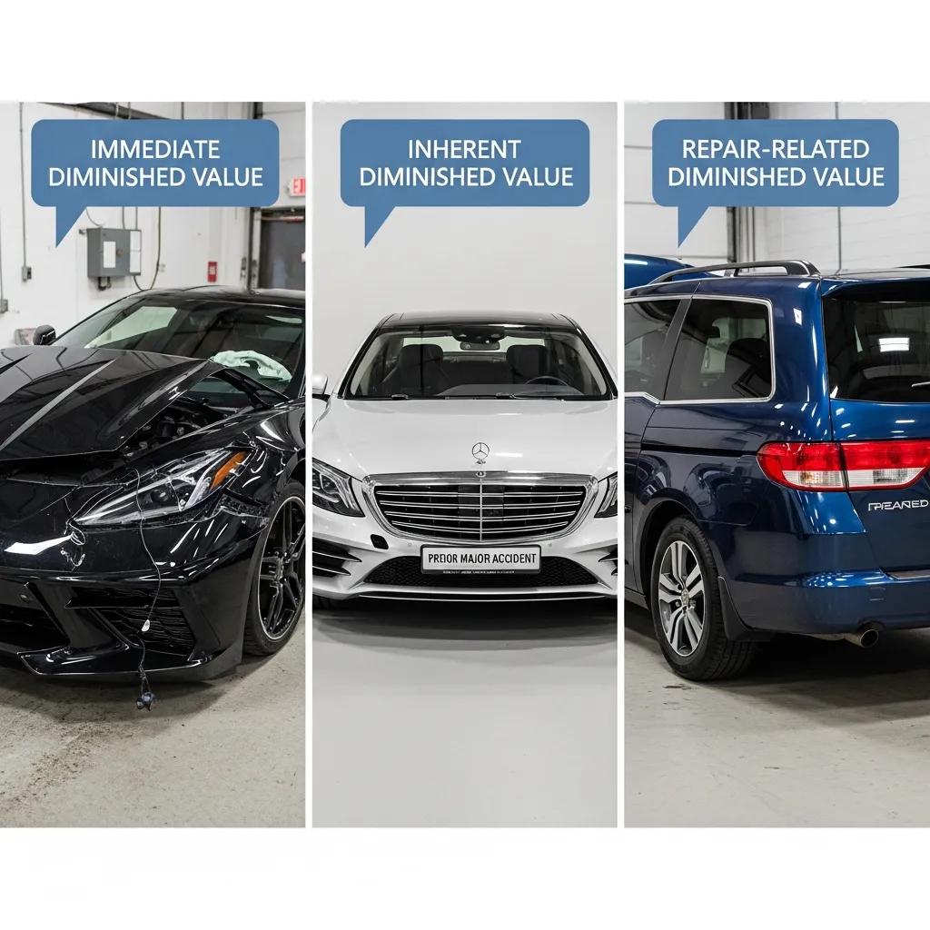 Three vehicles side-by-side to illustrate diminished value claim types