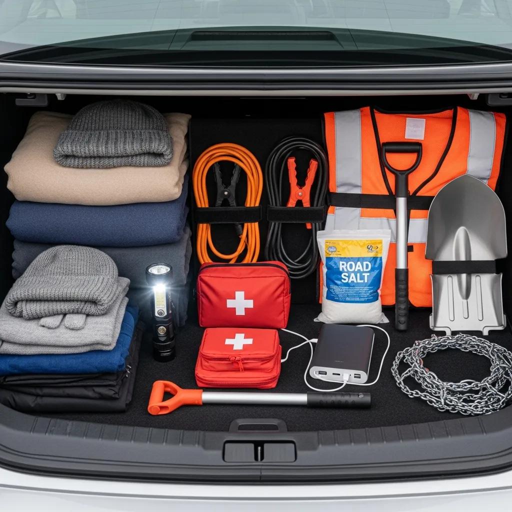 Winter emergency car kit in vehicle trunk, featuring warm clothing, flashlight, first aid kit, jumper cables, reflective vest, shovel, road salt, and a portable charger, ensuring safety and preparedness for winter roadside emergencies.