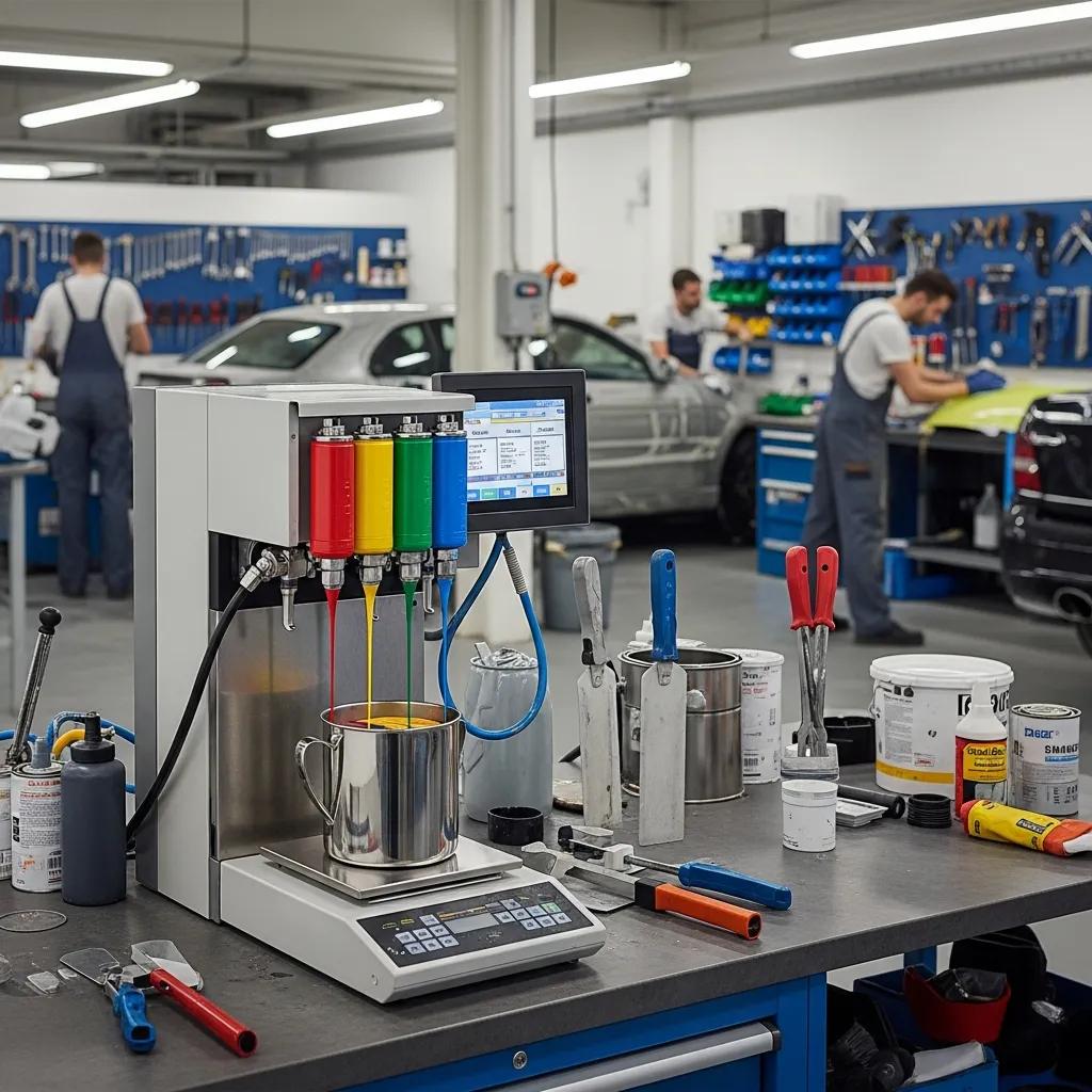 Computerized paint mixing system dispensing calibrated pigments in a collision shop