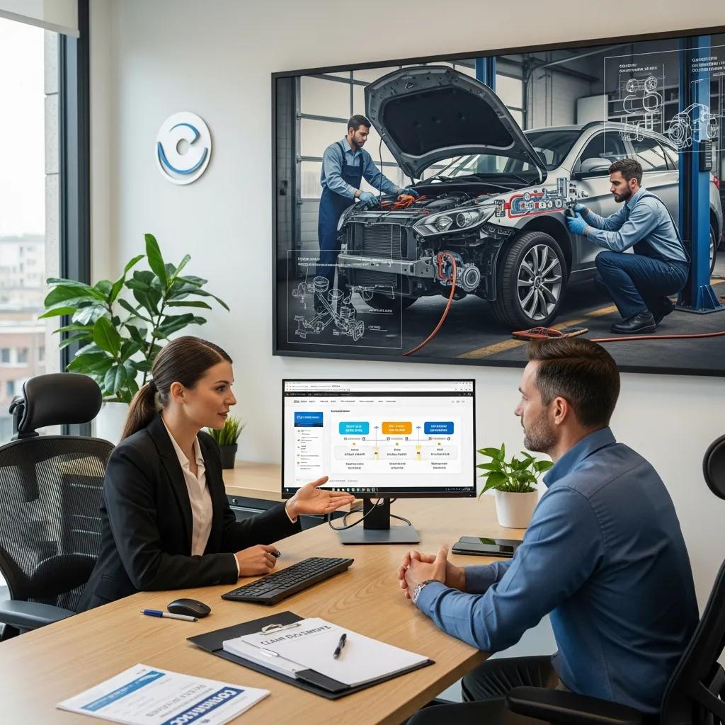 Customer discussing car repair insurance claims with an agent in an office setting, featuring a computer screen displaying the insurance claim process and a background image of technicians working on a vehicle.