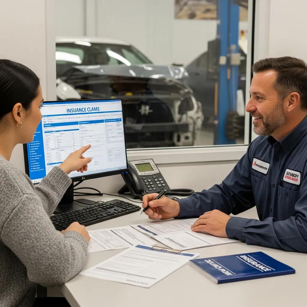 Customer and shop representative reviewing insurance and repair documents at Prime Time Collision &mdash; claims support and coordination