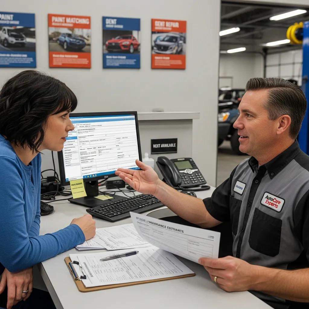 Service advisor and customer reviewing insurance paperwork at the collision center