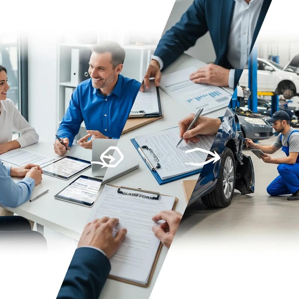 Customer interacting with an insurance agent and technician during the auto repair claims process, emphasizing collaboration and clarity