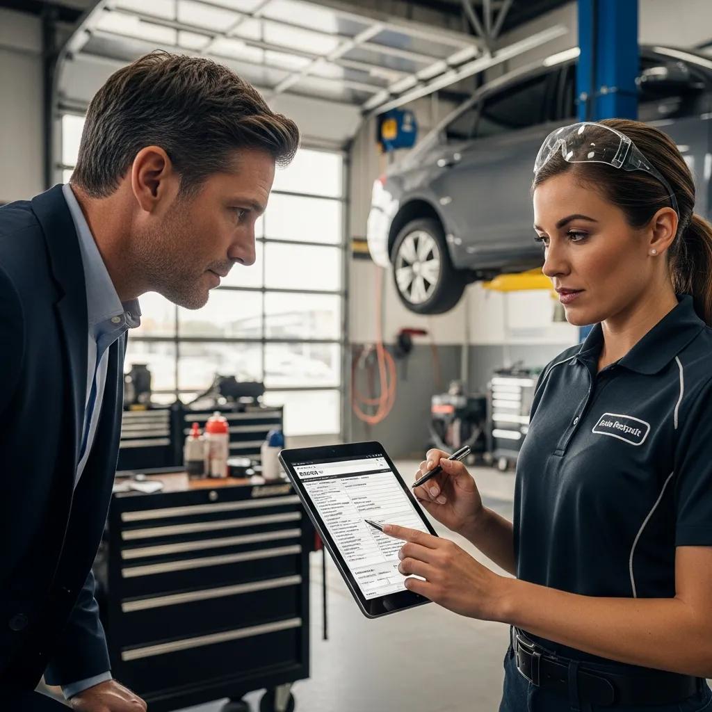 Customer discussing a free collision repair estimate with a technician at an auto body shop, showcasing detailed documentation and repair options in a professional environment.