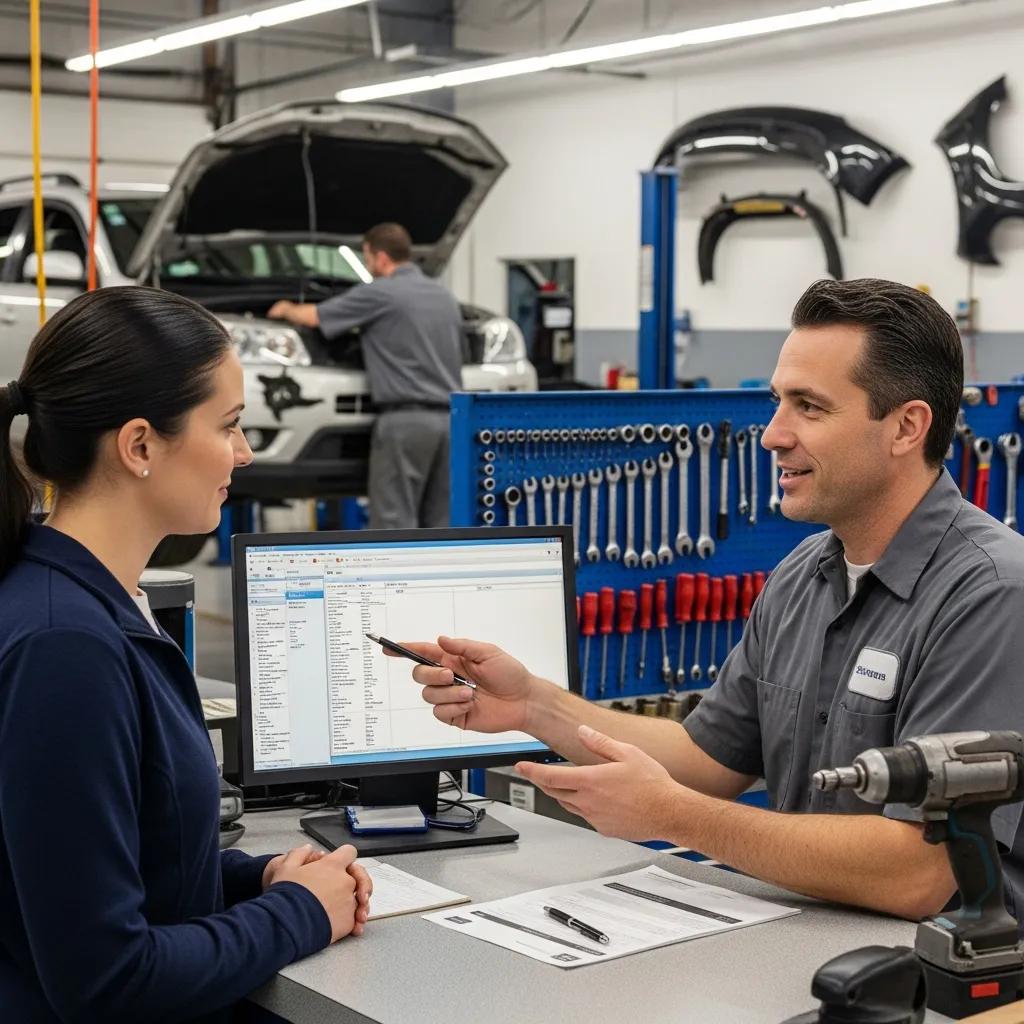Customer talking with a technician while getting an auto body estimate
