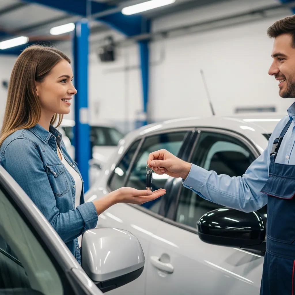 Customer receiving rental car keys from an auto body shop representative, emphasizing rental car assistance during vehicle repairs.