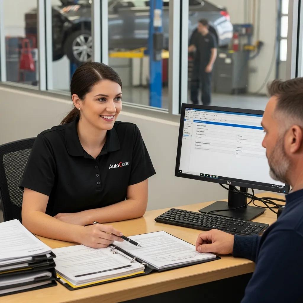 Customer service representative helping a customer with insurance paperwork at an auto body shop
