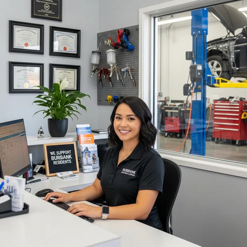 Customer service representative at Prime Time Collision Center assisting Burbank residents, with a welcoming smile, in a modern office setting featuring service brochures and vehicle repair equipment in the background.