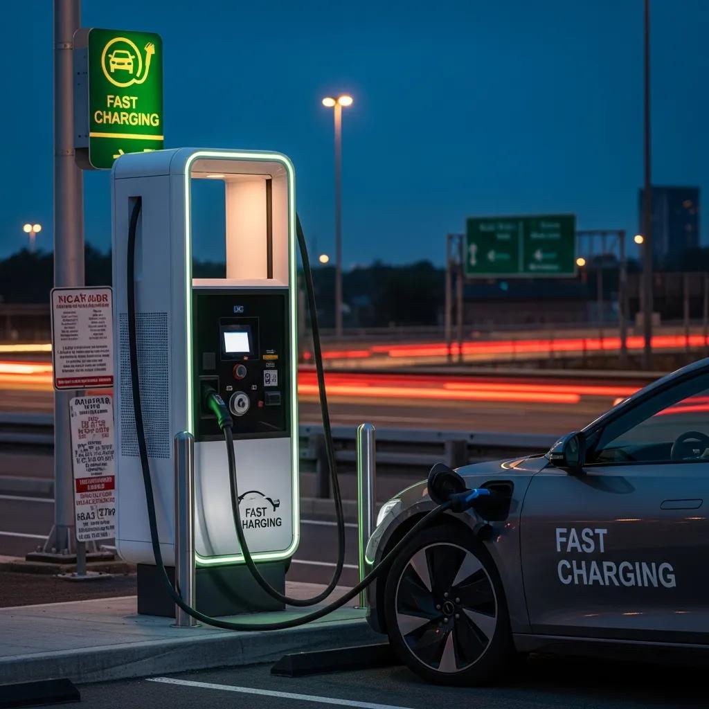 DC fast charging station with an electric vehicle &mdash; fast, efficient charging for road trips