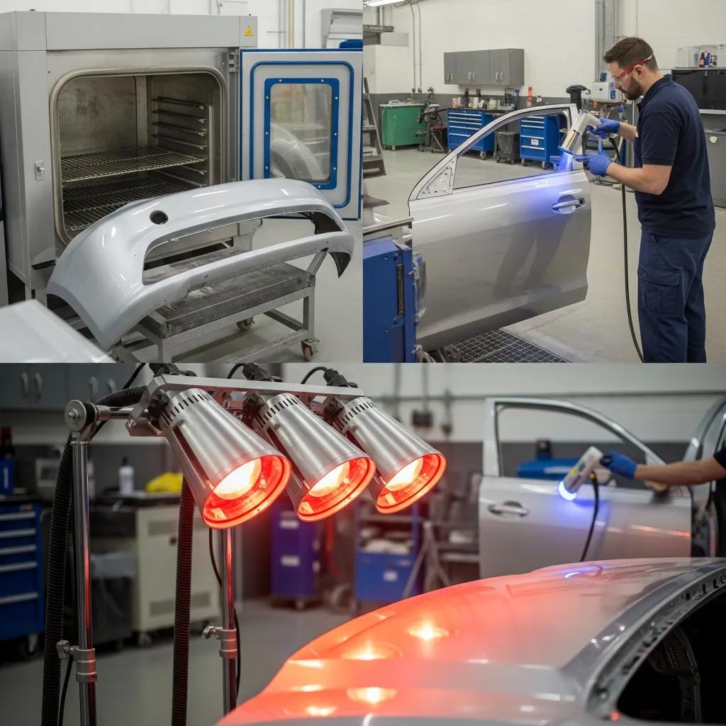 Automotive paint curing methods in a collision repair shop, featuring infrared lamps, a convection oven, and a technician applying UV light to a vehicle door.