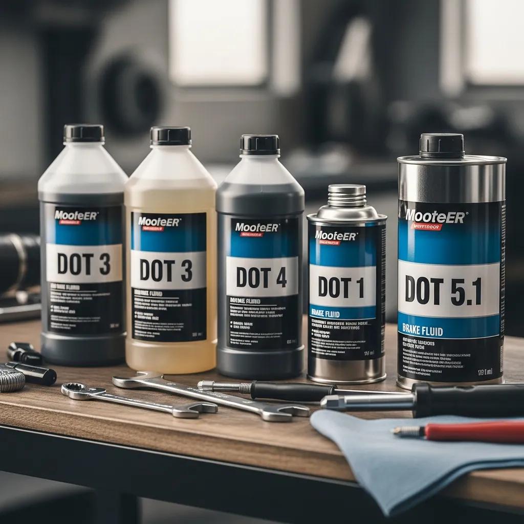 Different types of brake fluid containers labeled with DOT ratings, showcasing properties like boiling point and moisture behavior, on a workbench with tools.