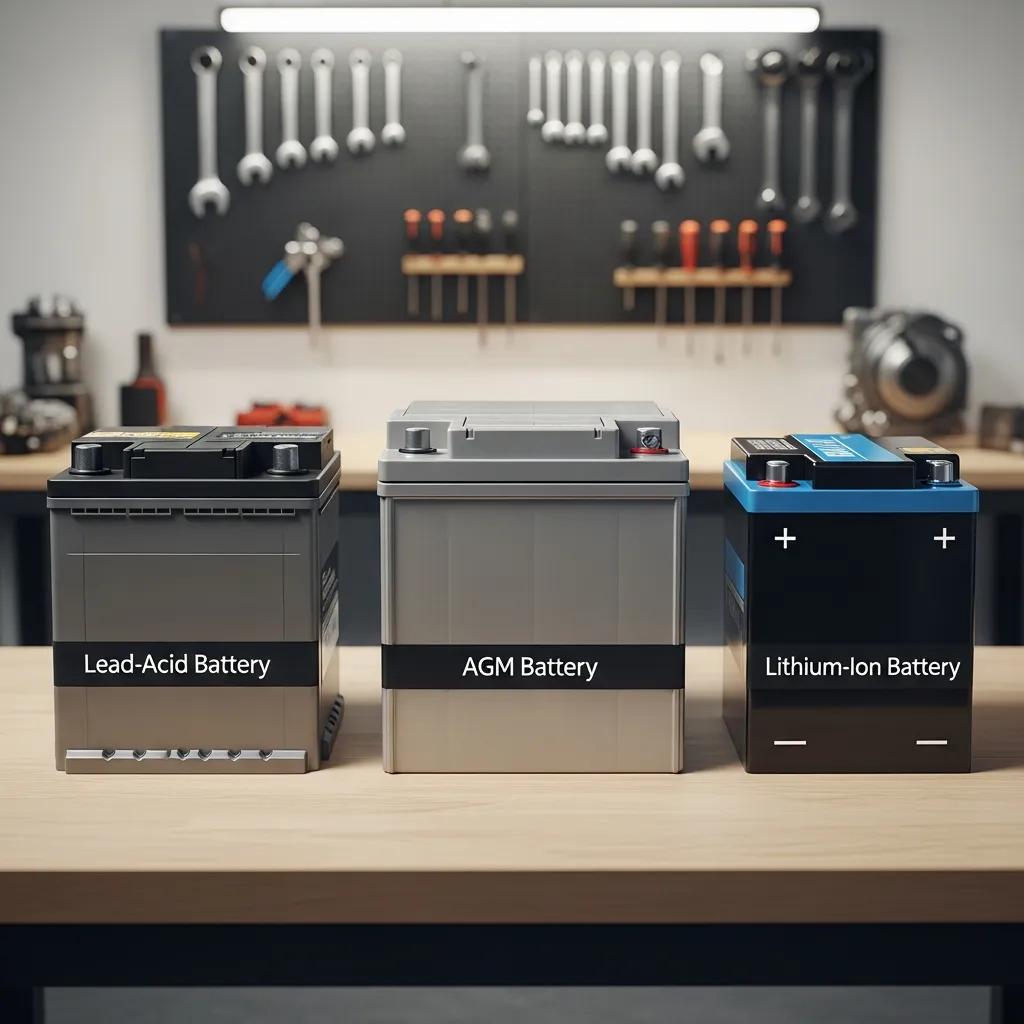 Lead-acid, AGM, and lithium-ion car batteries laid out on a workbench