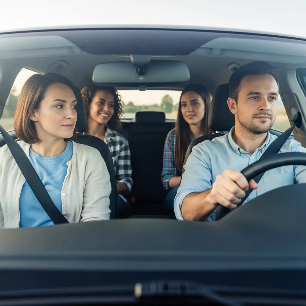 Diverse group of people in a car practicing safe driving habits, emphasizing awareness and focus to prevent distracted driving.