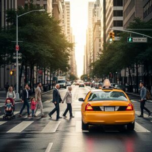Diverse pedestrians crossing safely at a marked crosswalk with a yielding car, emphasizing pedestrian safety awareness