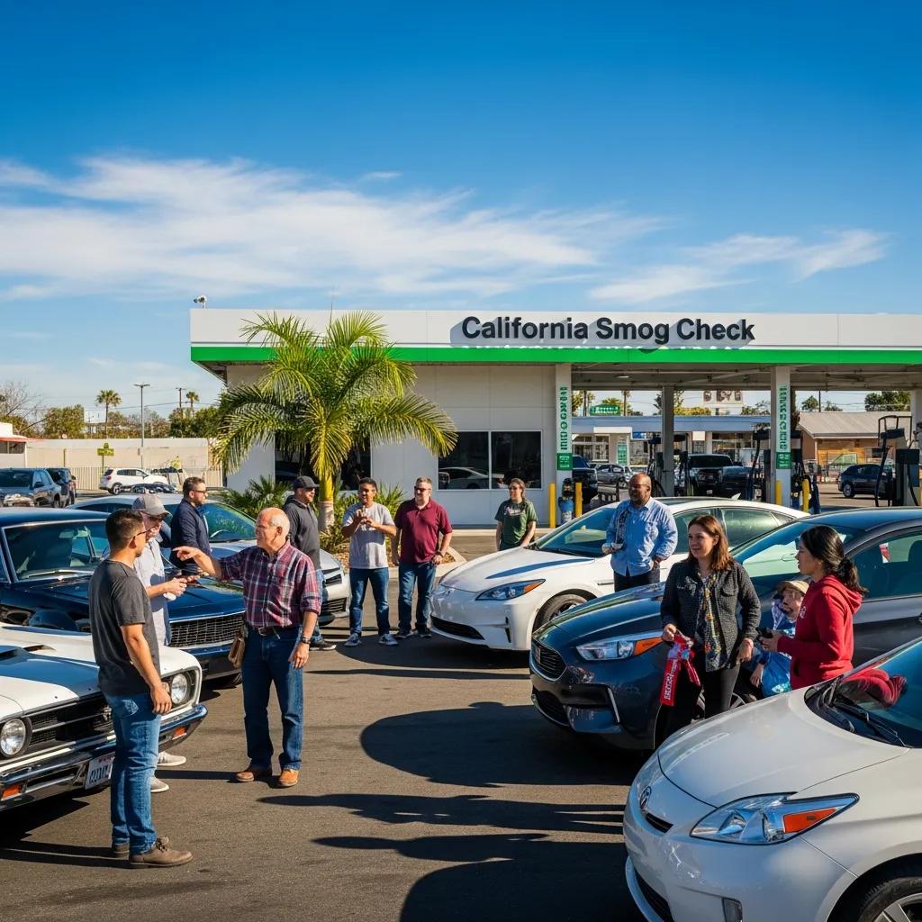 Diverse group of vehicle owners discussing California smog check requirements in front of a smog check station, with cars parked nearby.