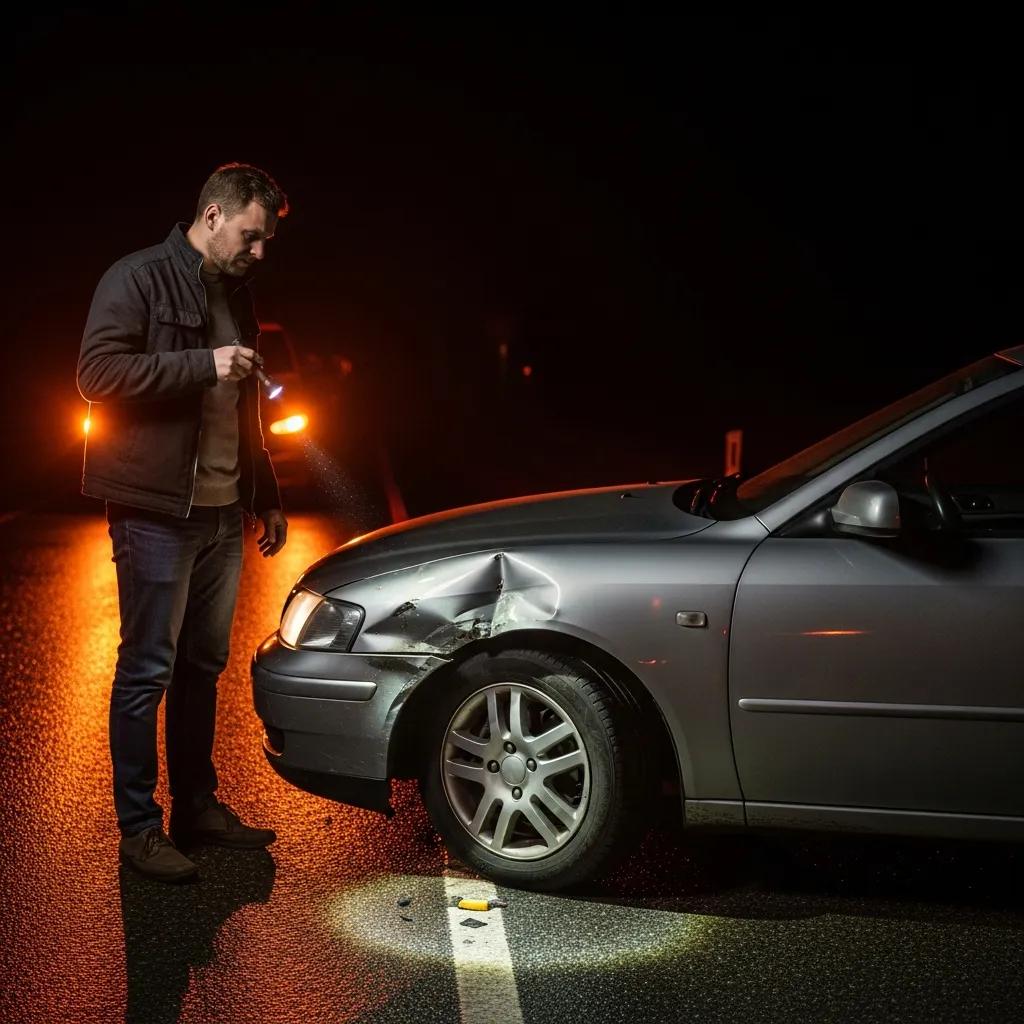 Driver assessing damage to a silver car after a nighttime accident, using a flashlight on the dented front fender, with reflective road conditions in the background.