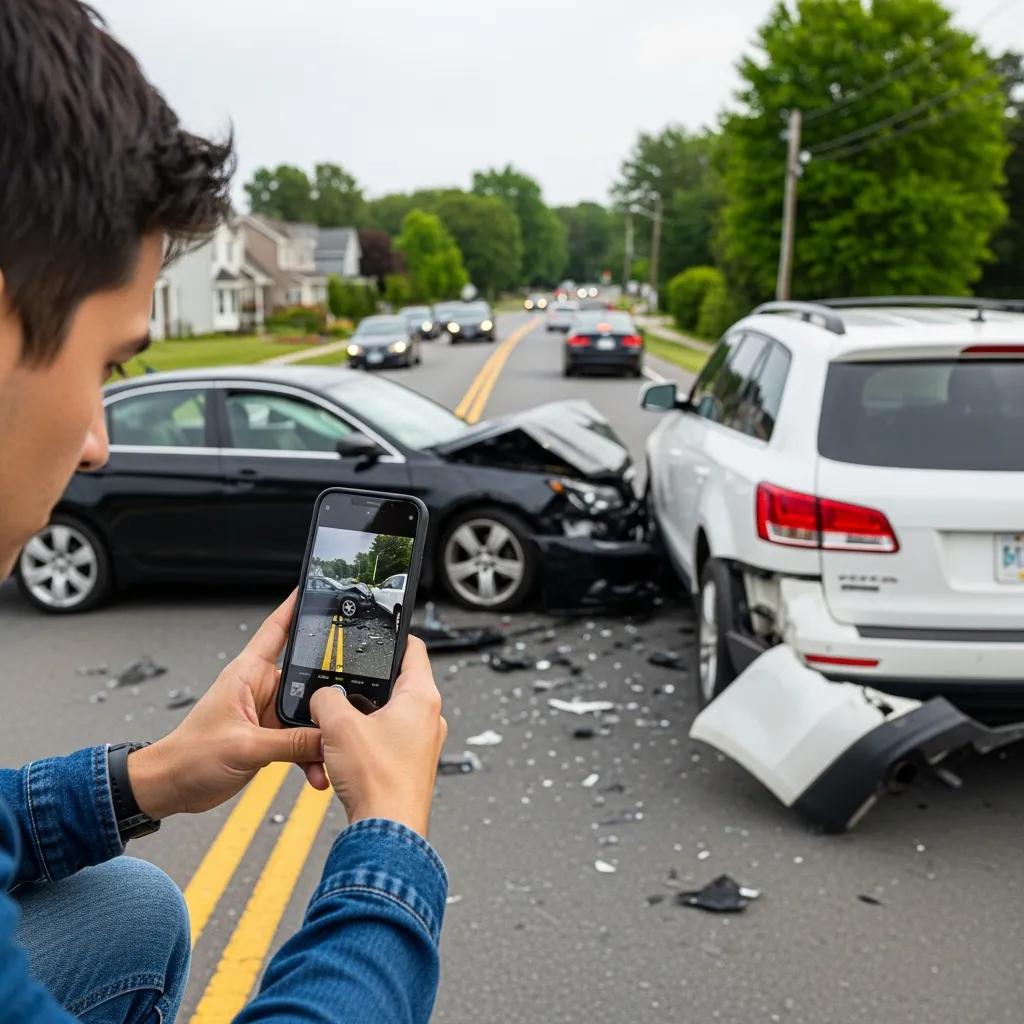 Driver taking photos at an accident scene to document vehicle positions and damage