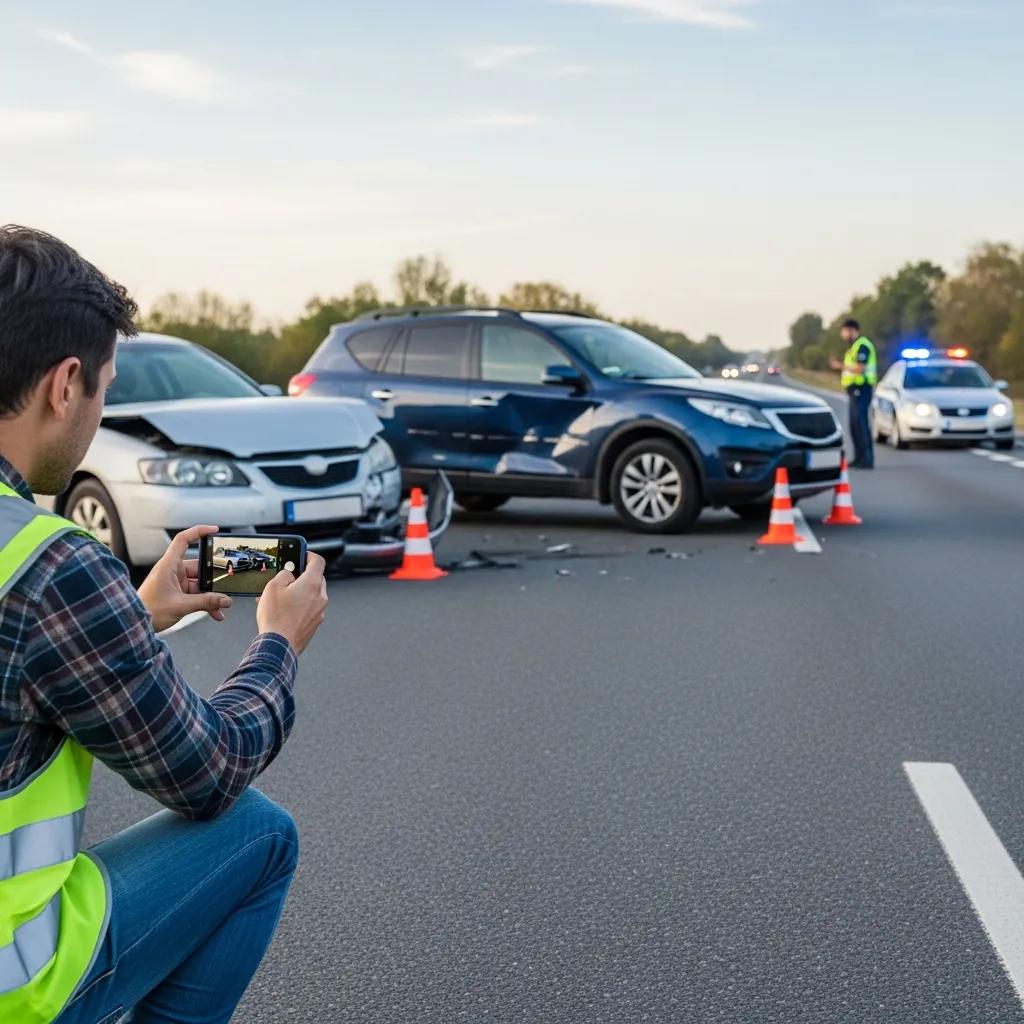 Driver documenting a car accident scene with a smartphone, safety cones in place, police officers in the background, and damaged vehicles on the road.