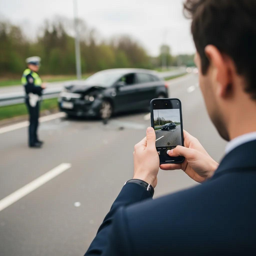 Person photographing a vehicle accident scene with a smartphone