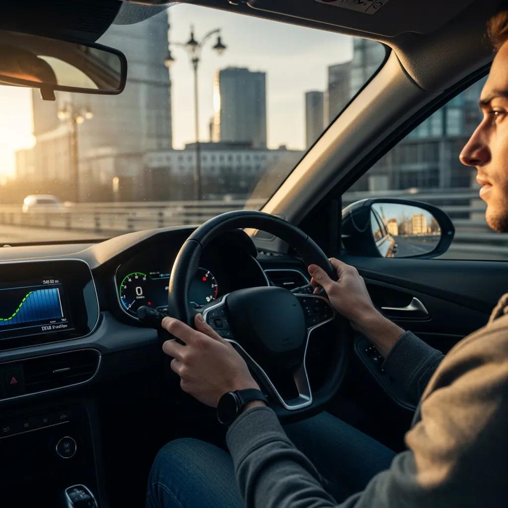Driver practicing smooth, eco‑friendly driving in a city setting to improve fuel economy