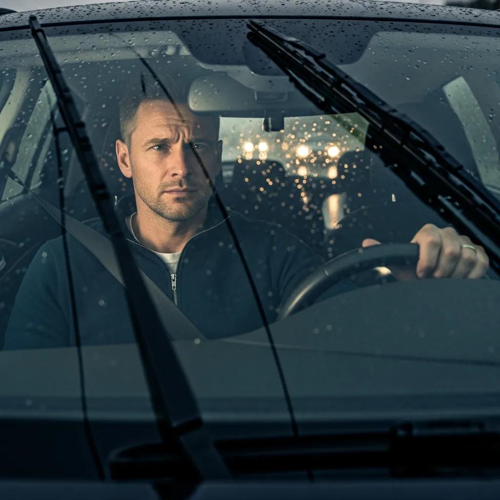 Driver using windshield wipers and headlights in rain, emphasizing visibility factors for safe driving during adverse weather conditions.