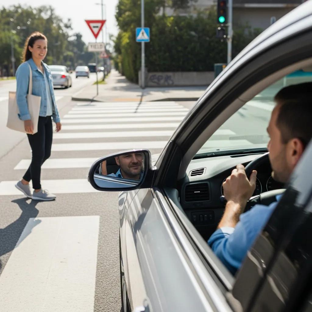 A driver stopped at a crosswalk to let a pedestrian pass, demonstrating safe yielding