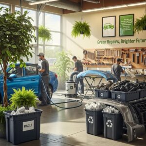 Eco-friendly auto body repair shop with technicians using water-based paints and recycling practices