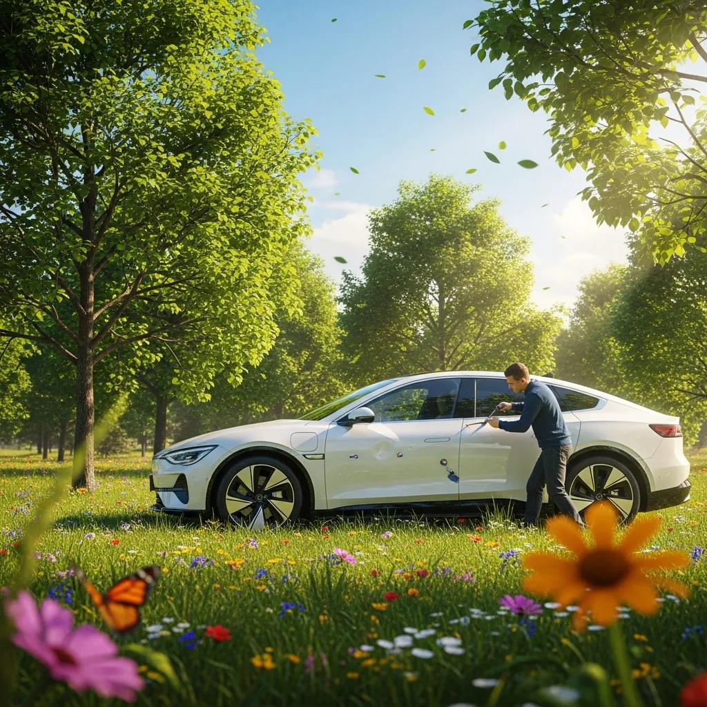 Eco-friendly scene showcasing a technician performing Paintless Dent Repair (PDR) on a white electric vehicle surrounded by lush greenery and colorful flowers, emphasizing the environmental benefits of PDR.
