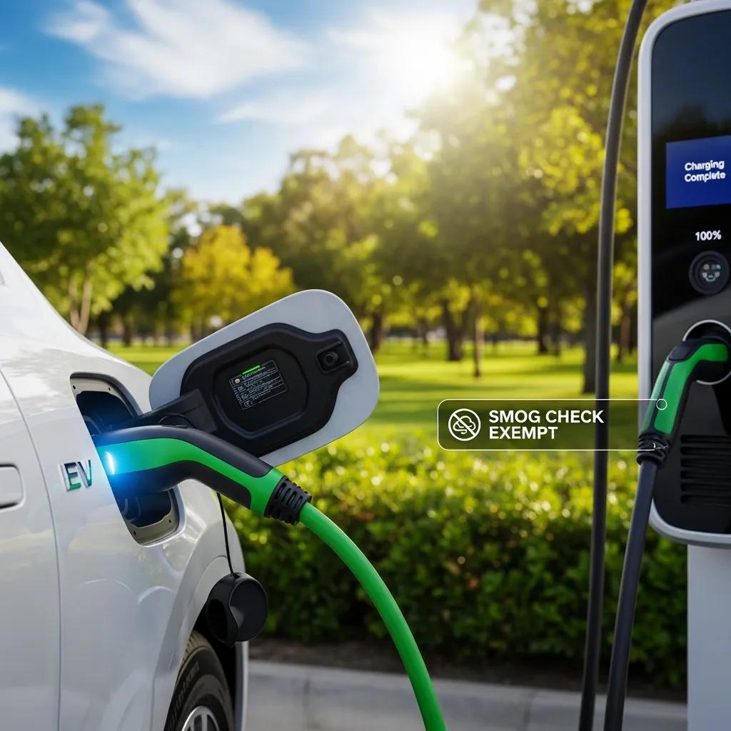 Electric vehicle charging at a station, highlighting smog check exemption status in California, with a visible "SMOG CHECK EXEMPT" label.