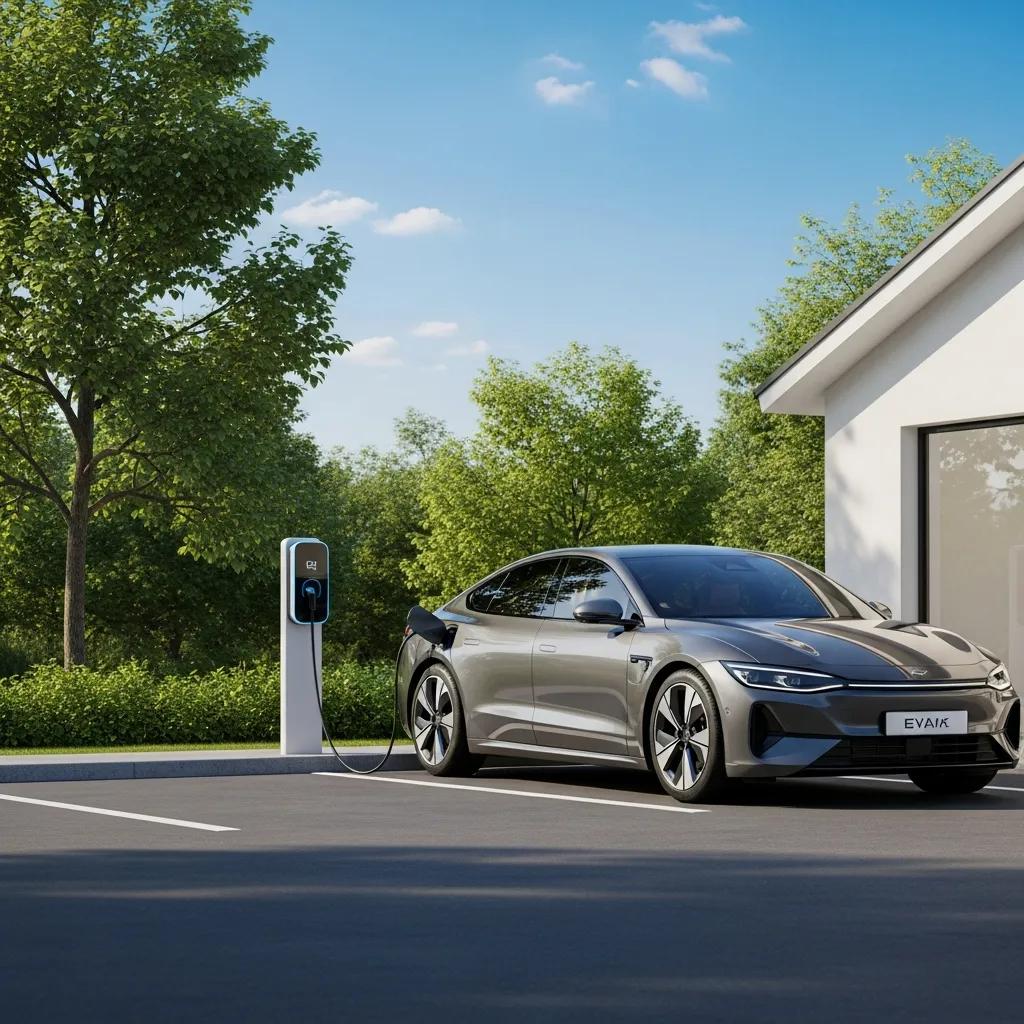 Electric vehicle charging at home with a sleek gray car plugged into a charging station, surrounded by greenery and a modern house, symbolizing EV battery care and sustainability.