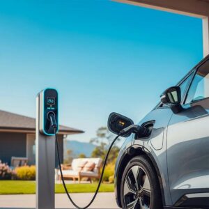 Electric vehicle charging at home with a Level 2 charger, showcasing modern technology and convenience