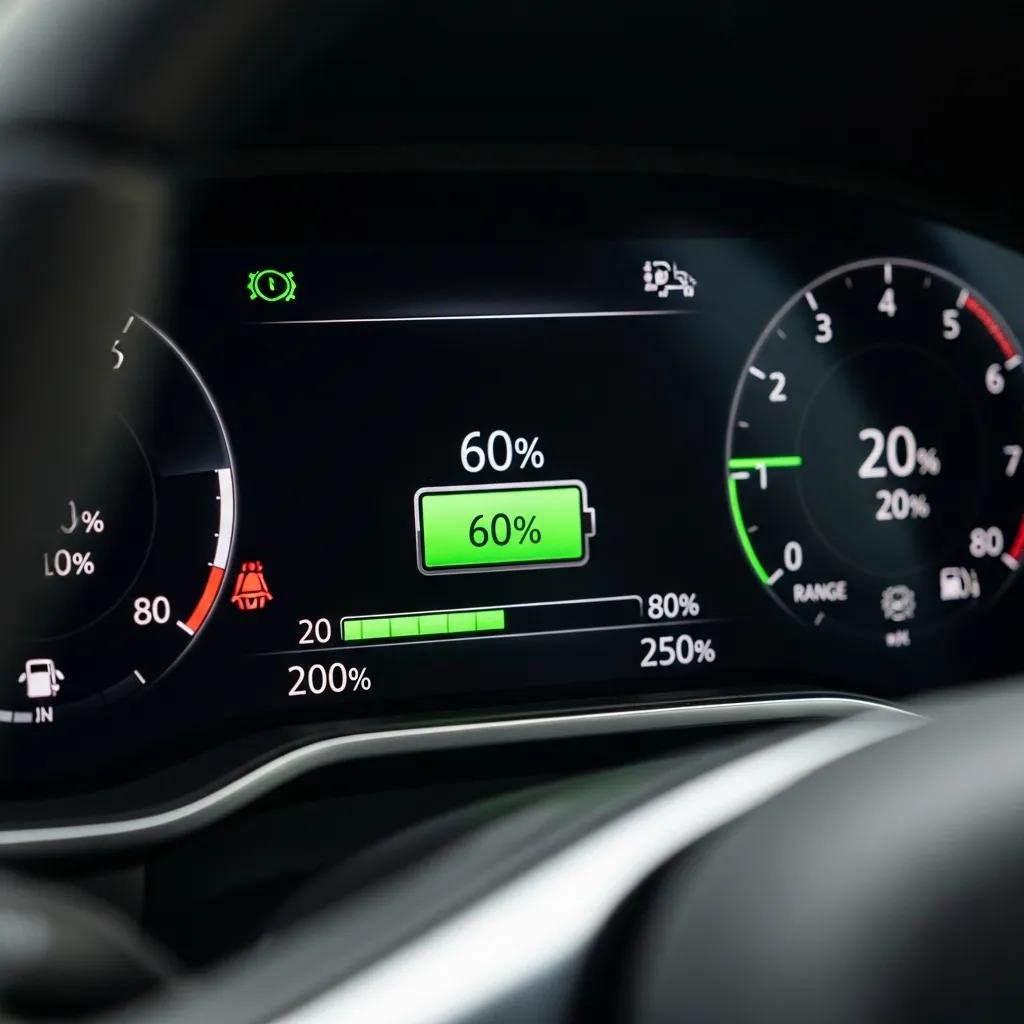 Electric vehicle dashboard displaying battery charge level at 60%, indicating optimal charging range for battery longevity and performance.