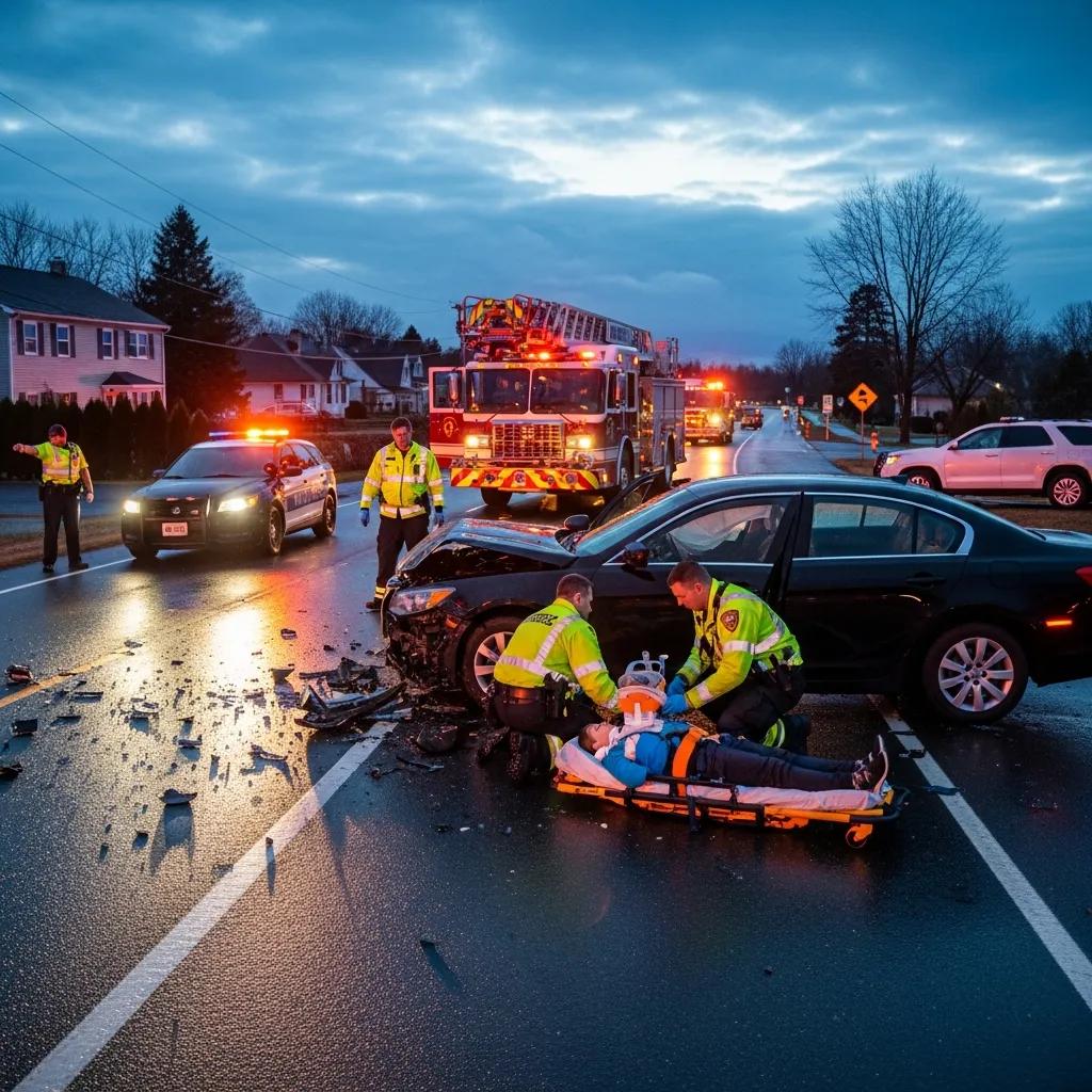 Emergency responders assisting an injured individual at a car accident scene, highlighting immediate safety measures and the importance of prompt medical attention.