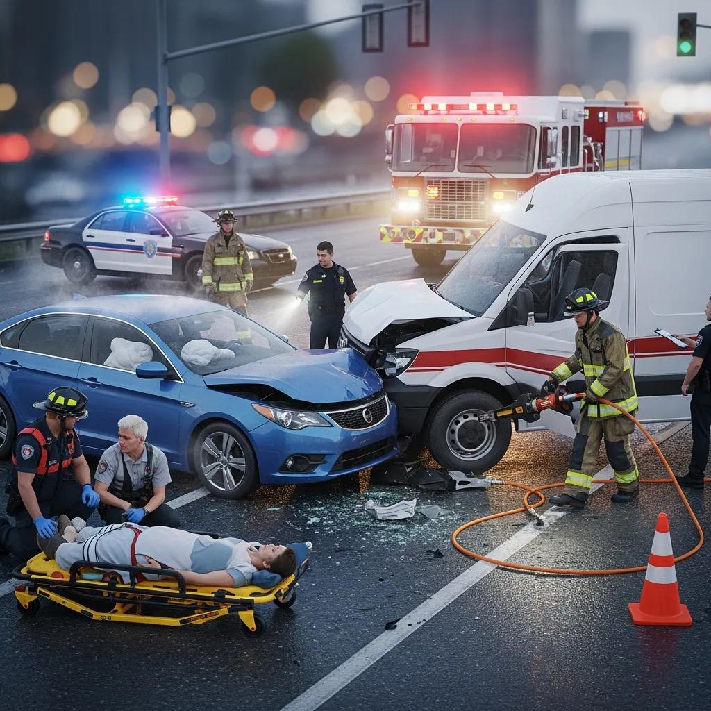 Emergency responders attending to a car accident scene, emphasizing safety and immediate action