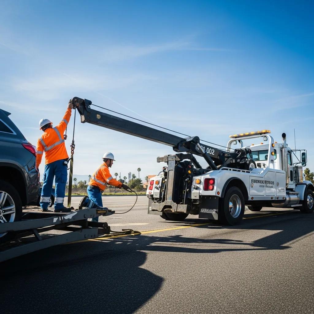 Emergency towing truck assisting a vehicle on a busy road in Glendale, CA