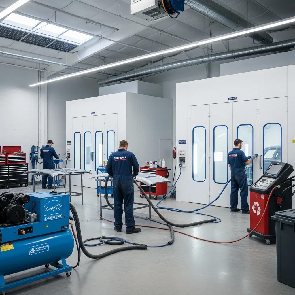 Energy-efficient auto body shop featuring LED lighting, high-efficiency paint booths, and technicians performing repairs with sustainable practices.