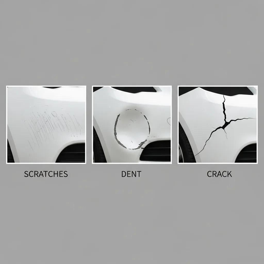 Examples of bumper damage types: scratches, dent, and crack on a white vehicle, illustrating common issues needing repair or replacement.