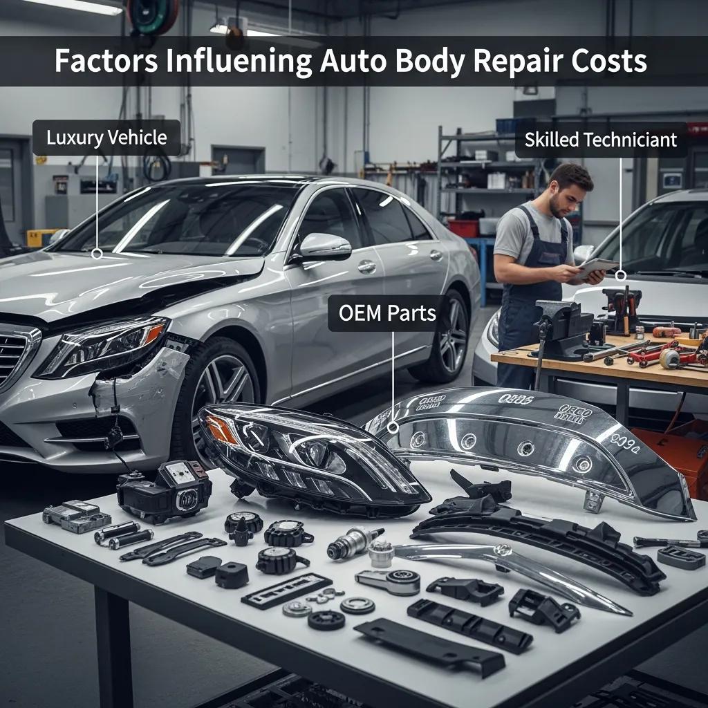 Luxury vehicle in auto body repair shop with OEM parts and skilled technician, illustrating factors influencing repair costs.