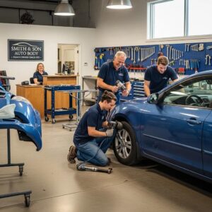 Family-owned auto body shop with technicians repairing a vehicle, emphasizing trust and professionalism