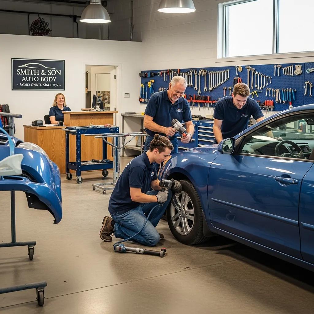Family-owned auto body shop with technicians repairing a blue vehicle, emphasizing trust and professionalism in collision repair services.