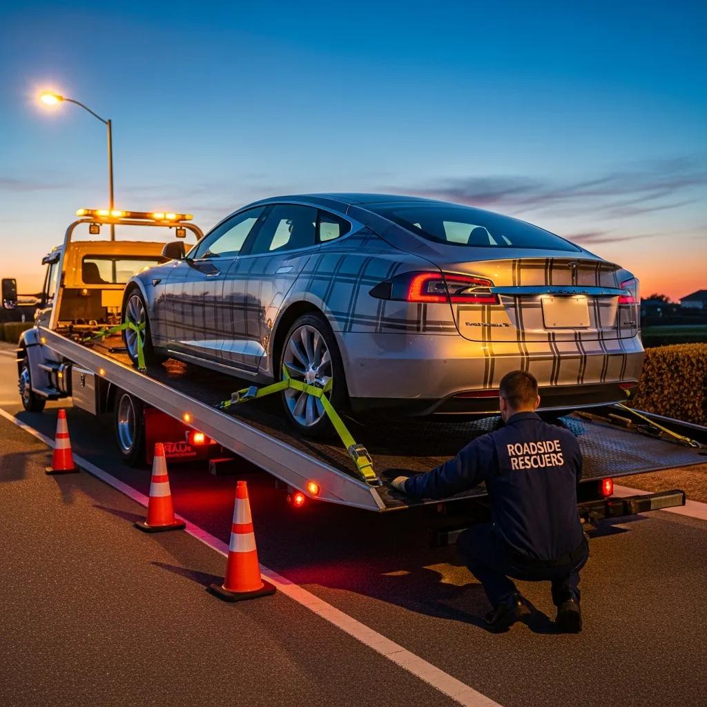 Flatbed tow truck loading a vehicle with safety measures in place