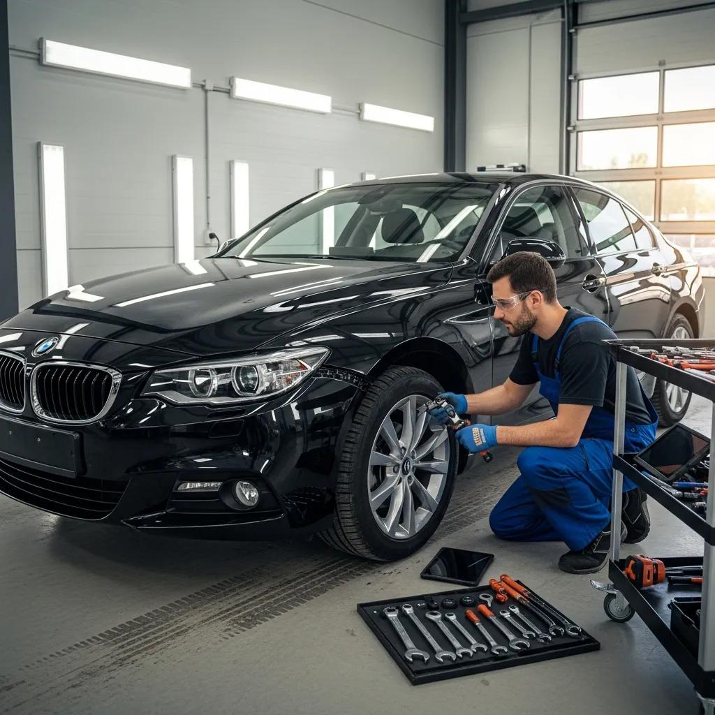 Mechanic inspecting a black BMW car in a garage, highlighting post-collision care and maintenance for vehicle safety and warranty preservation.