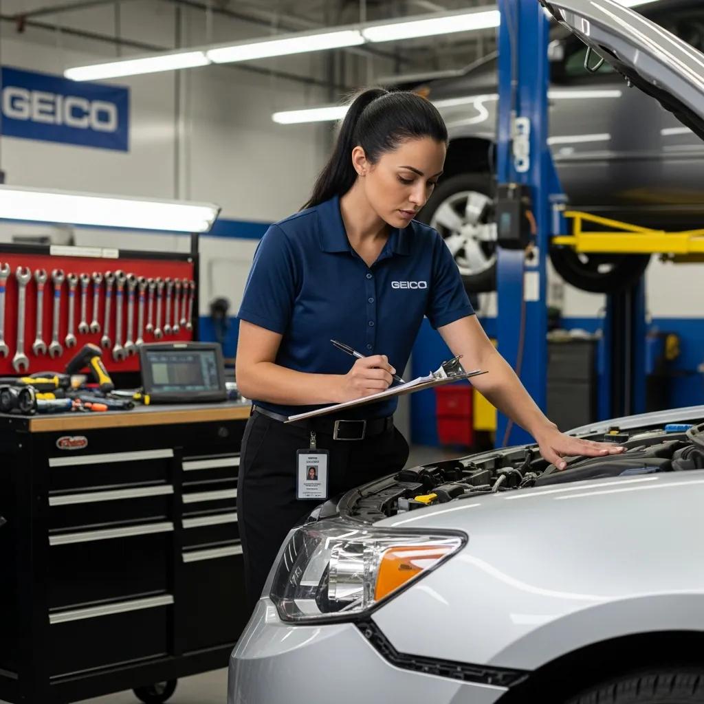 GEICO claims adjuster inspecting a damaged vehicle in a garage, taking notes and assessing repairs in a professional setting.