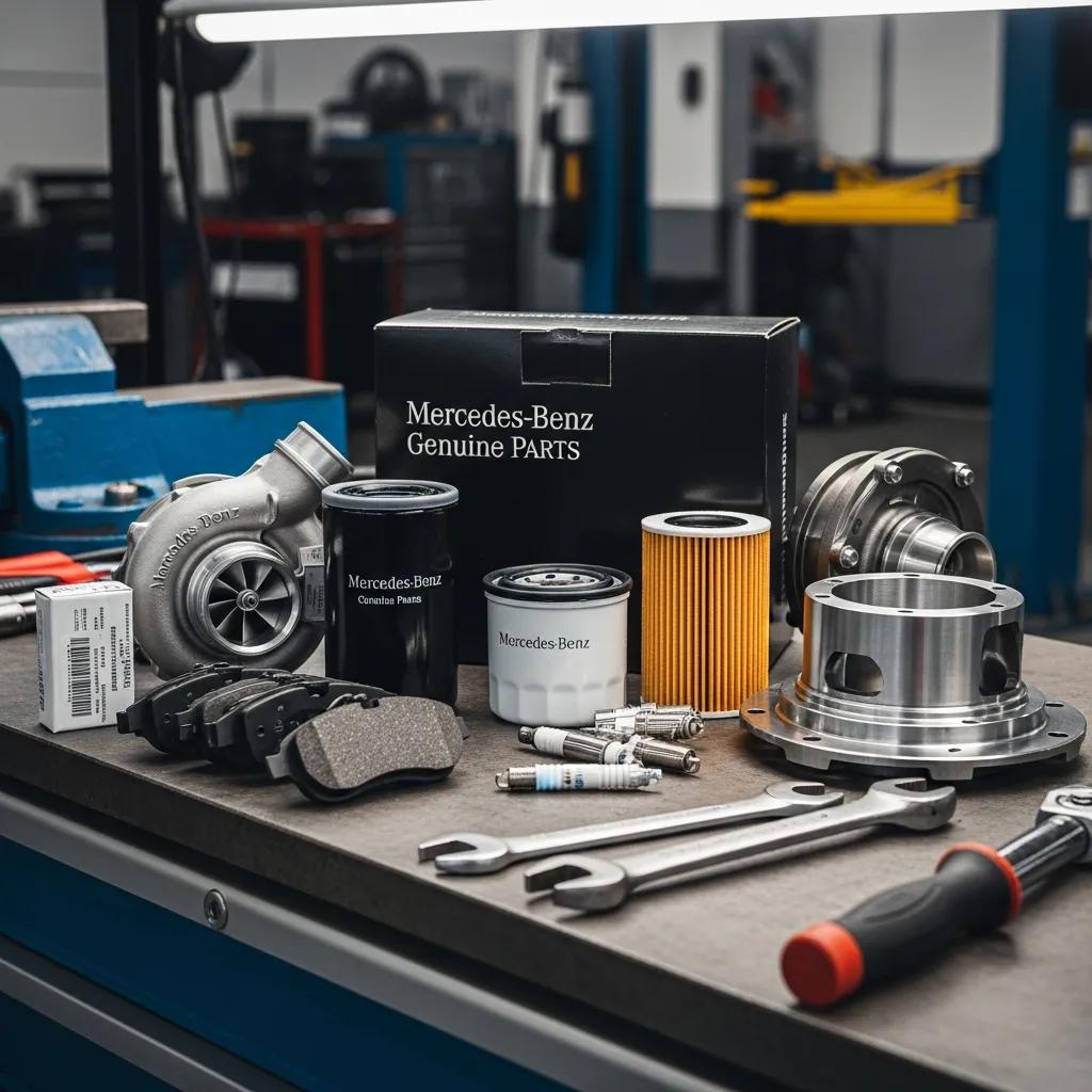 Genuine Mercedes-Benz OEM parts displayed on a workbench, including filters, brake pads, and a turbocharger, emphasizing quality and authenticity for certified collision repairs.